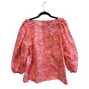 Lilly Pulitzer Barbara Pink Floral 3/4 Length Puff-Sleeve Blouse